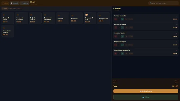 Pantalla de captura de orden, con la carta por categoría a la izquierda y la comanda con su subtotal, IVA y total a la derecha.